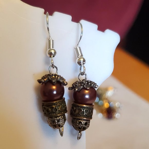Silver Tone Hook Bronze Glass and Metal Earrings - Picture 3 of 3